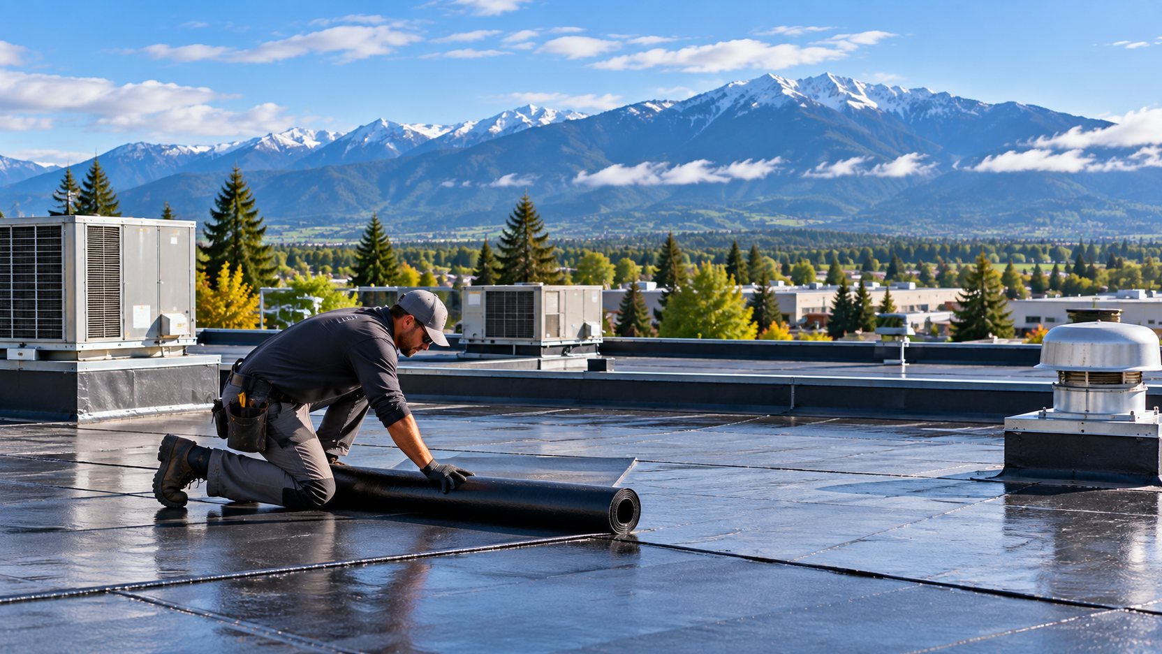 Roofer unrolling a membrane on a flat commercial roof beside rooftop air-conditioning units.