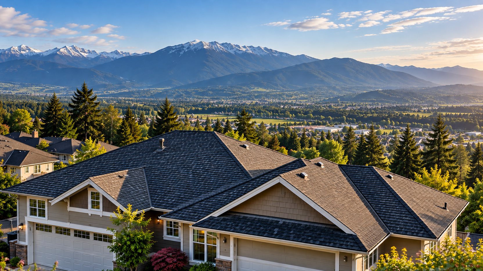 Two-storey house with an asphalt shingle roof among evergreen trees, above a valley with snow-capped mountains.