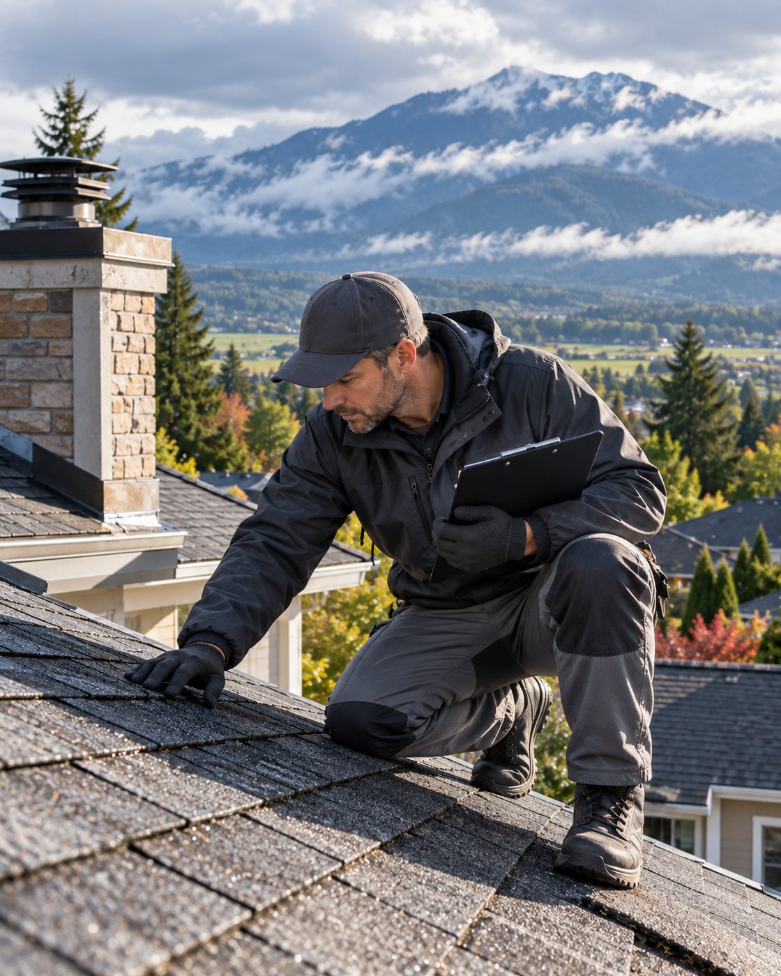 Roofer kneeling on a wet shingle roof beside a chimney, checking the shingles with a clipboard in hand.