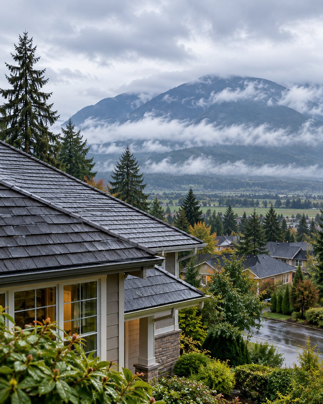 Rain-wet shingle roof and gutter on a house, with low cloud over a forested mountain beyond.