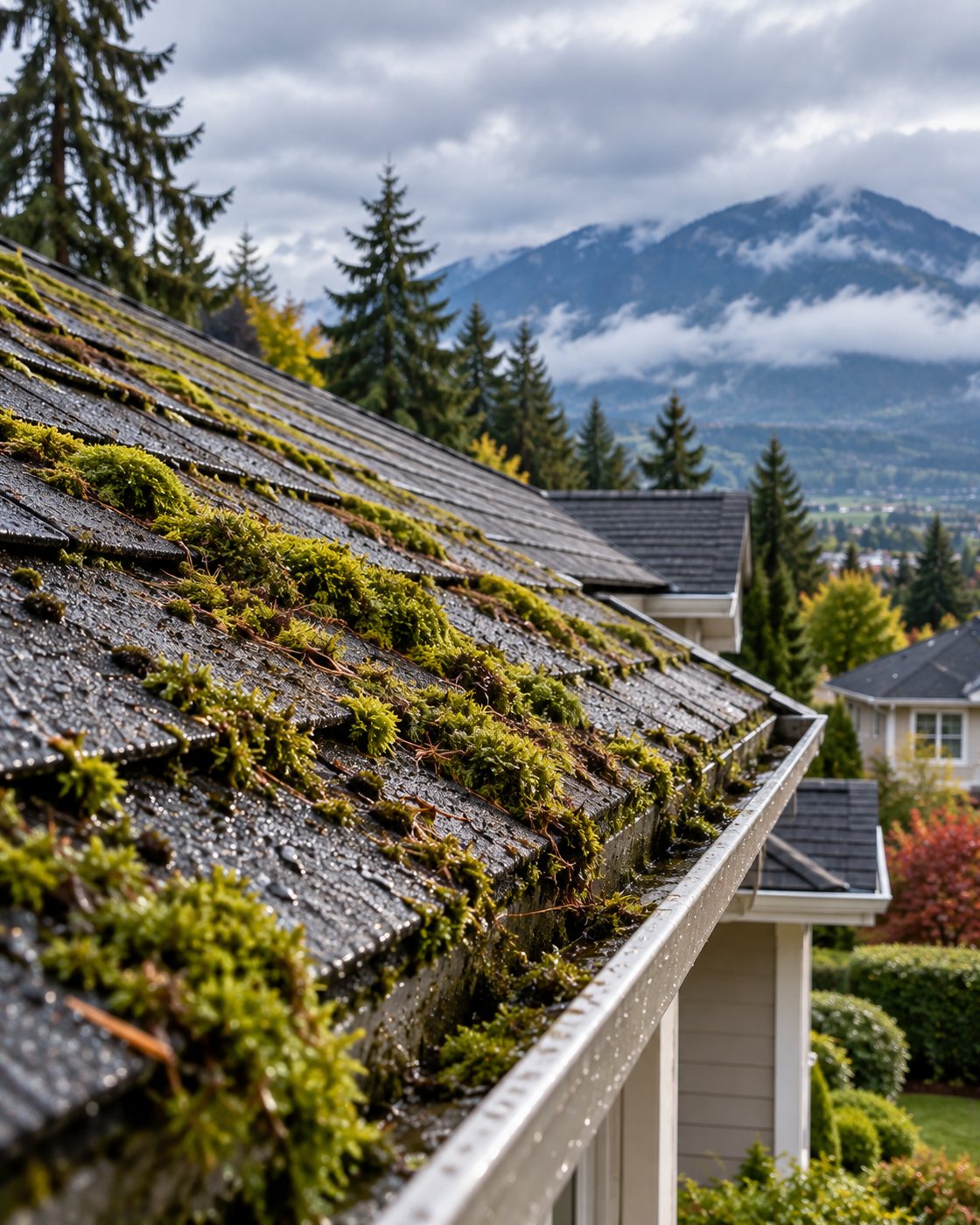 Thick moss growing across wet asphalt shingles and into the gutter of a house.