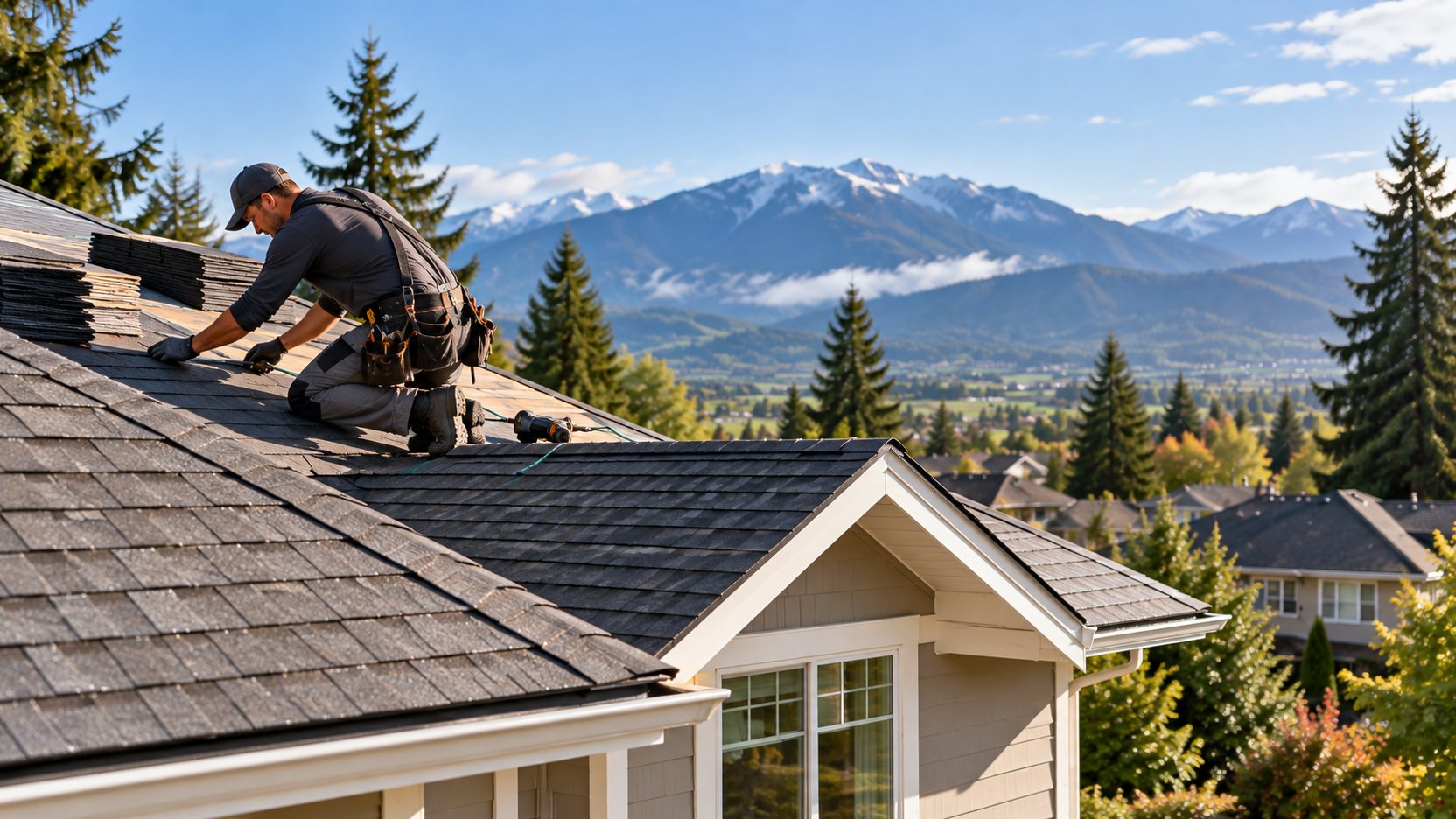 Roofer kneeling on a house roof installing asphalt shingles, with shingle bundles and a nail gun beside him.