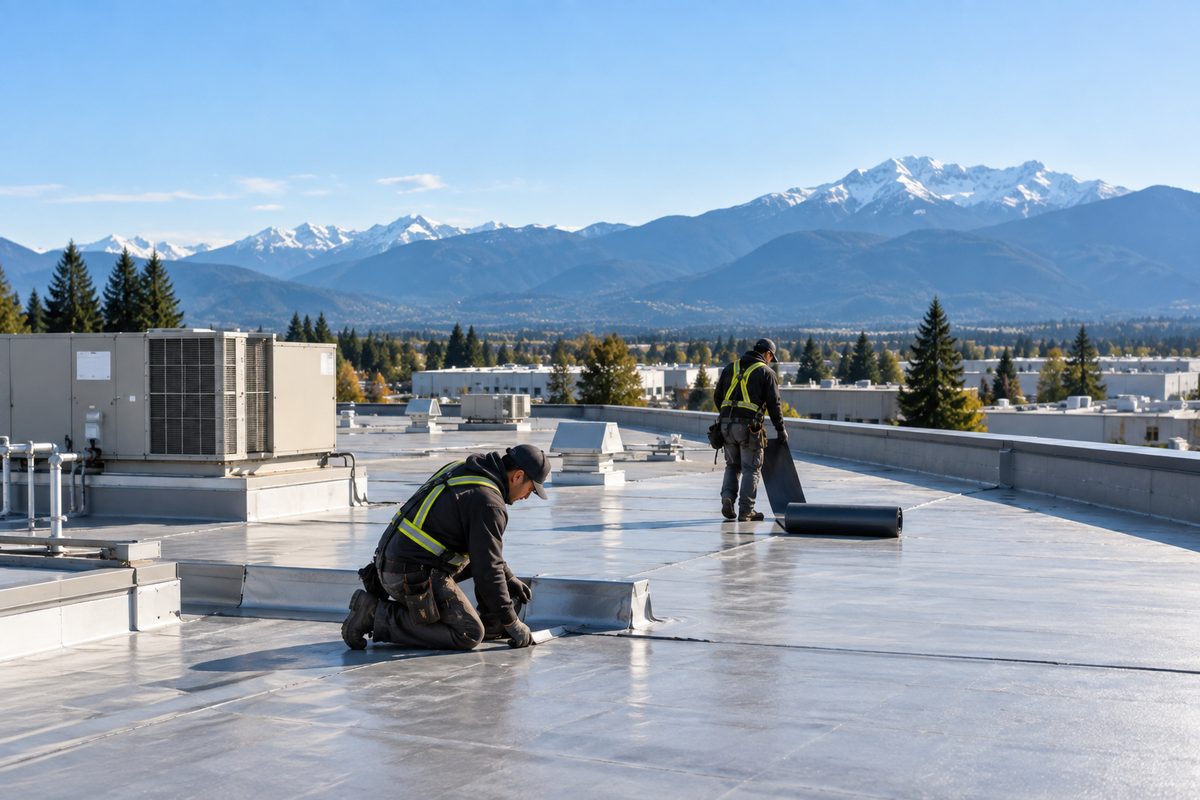 Crew working on a low-slope commercial roof beside rooftop mechanical units