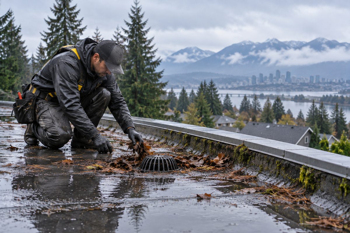 Roofer clearing leaves and debris from a roof drain on a wet low-slope roof