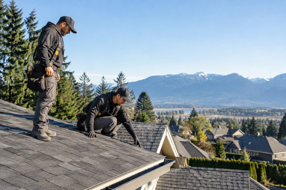 Roofers inspecting a shingled home roof with the North Shore mountains in the distance