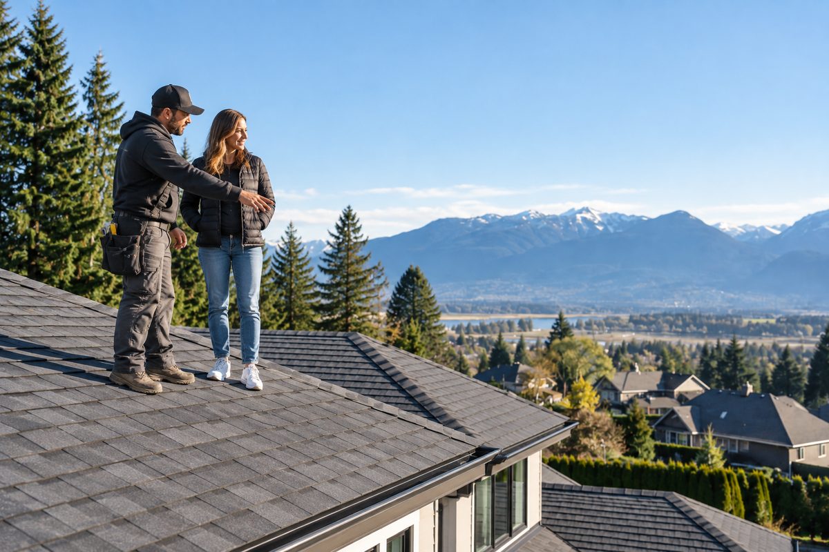 Roofer walking a homeowner through the finished roof