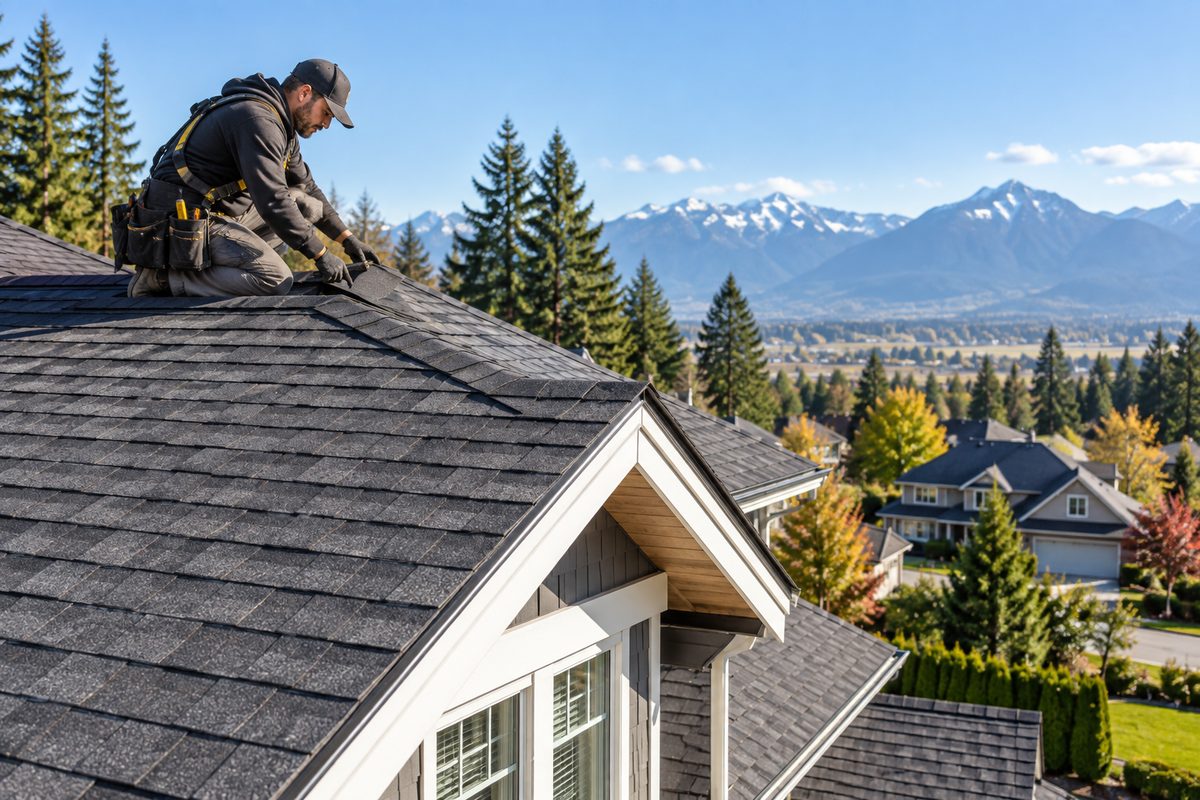 Roofer working on the shingled roof of a detached home