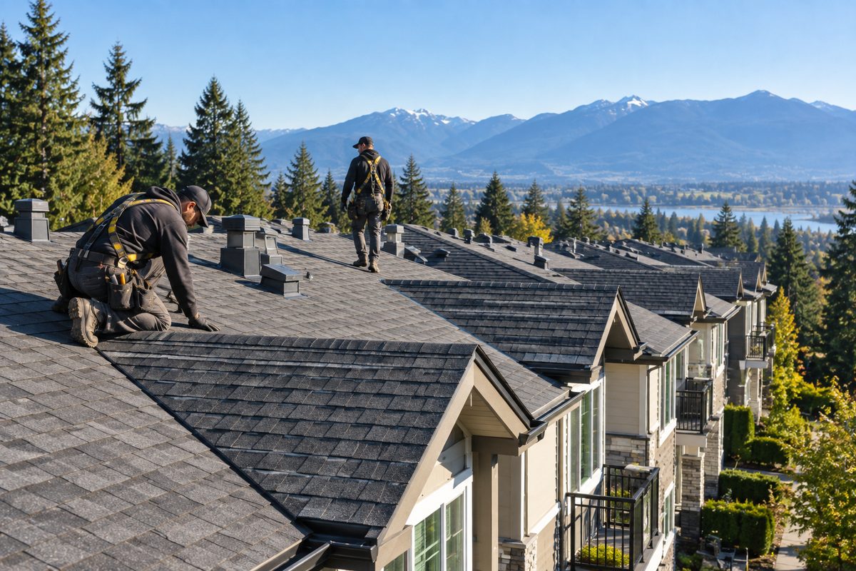 Roofers on the connected roofs of a townhouse complex