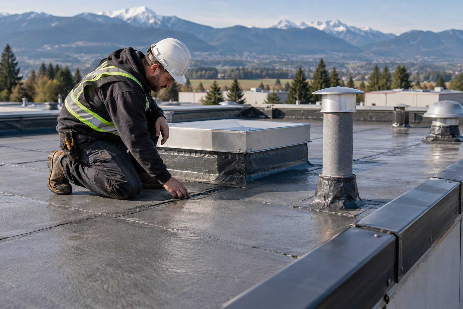 Roofer sealing the membrane around a curb and vent on a low-slope roof