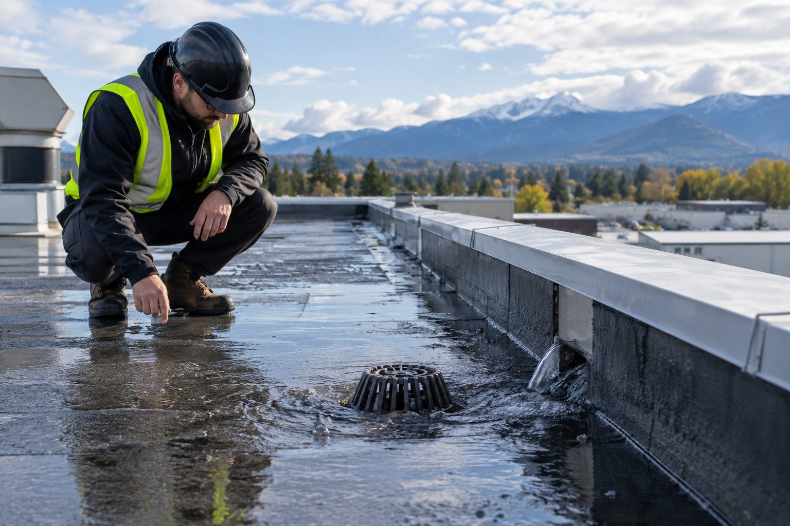 Roofer checking water pooling around a roof drain beside a parapet