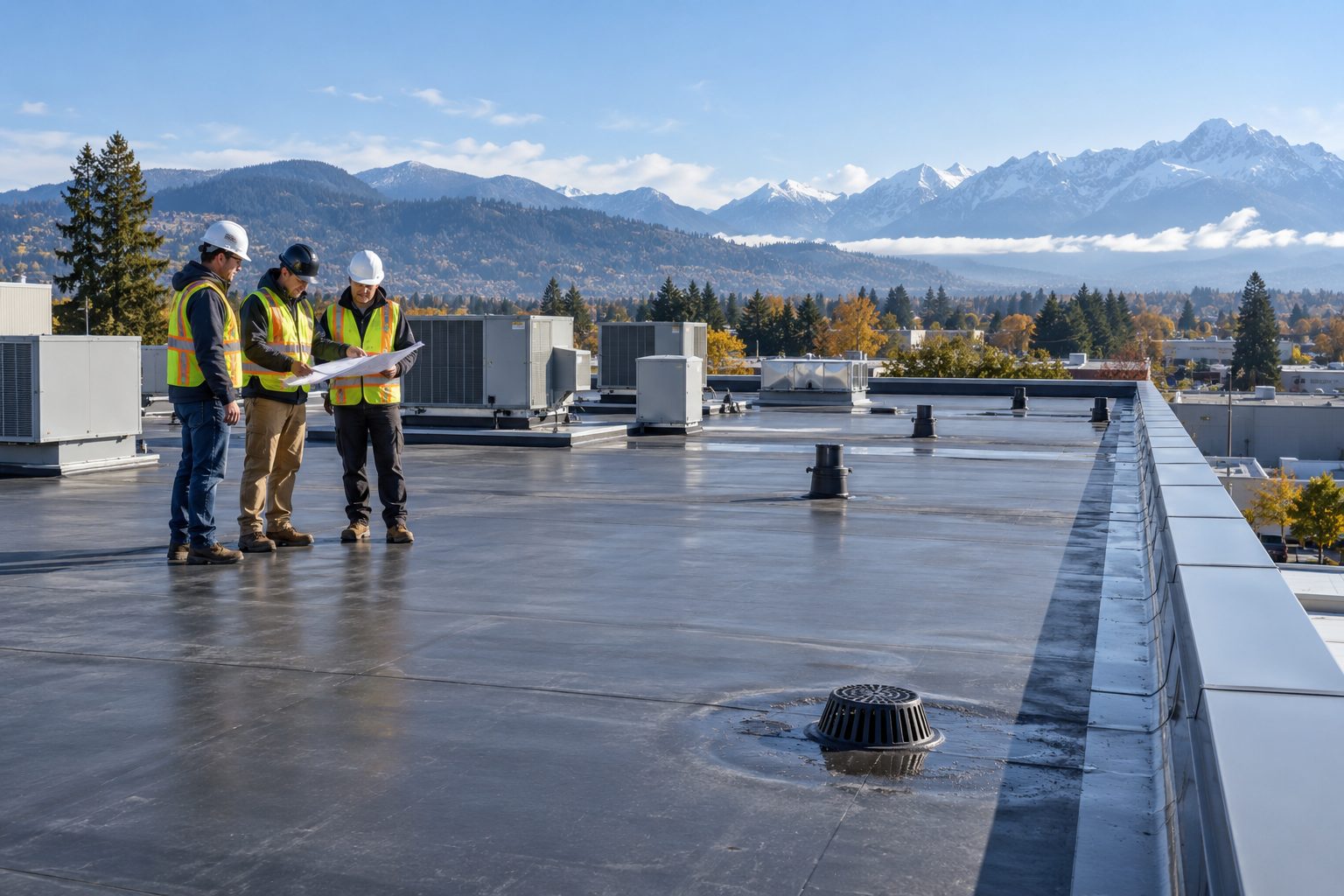 Roofing team reviewing plans on a low-slope commercial roof with a drain, mountains in the distance