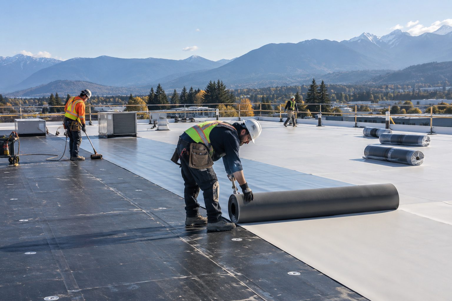 Roofers rolling out a new membrane across a low-slope roof
