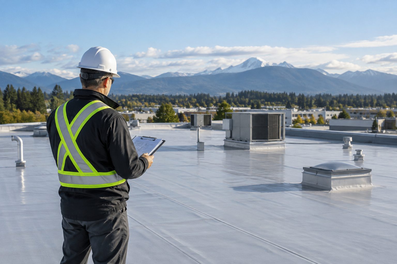 Inspector with a tablet on a finished low-slope commercial roof