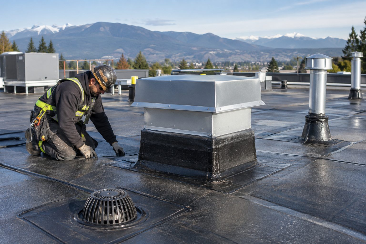 Roofer sealing torch-on membrane around a curb, vents and a roof drain