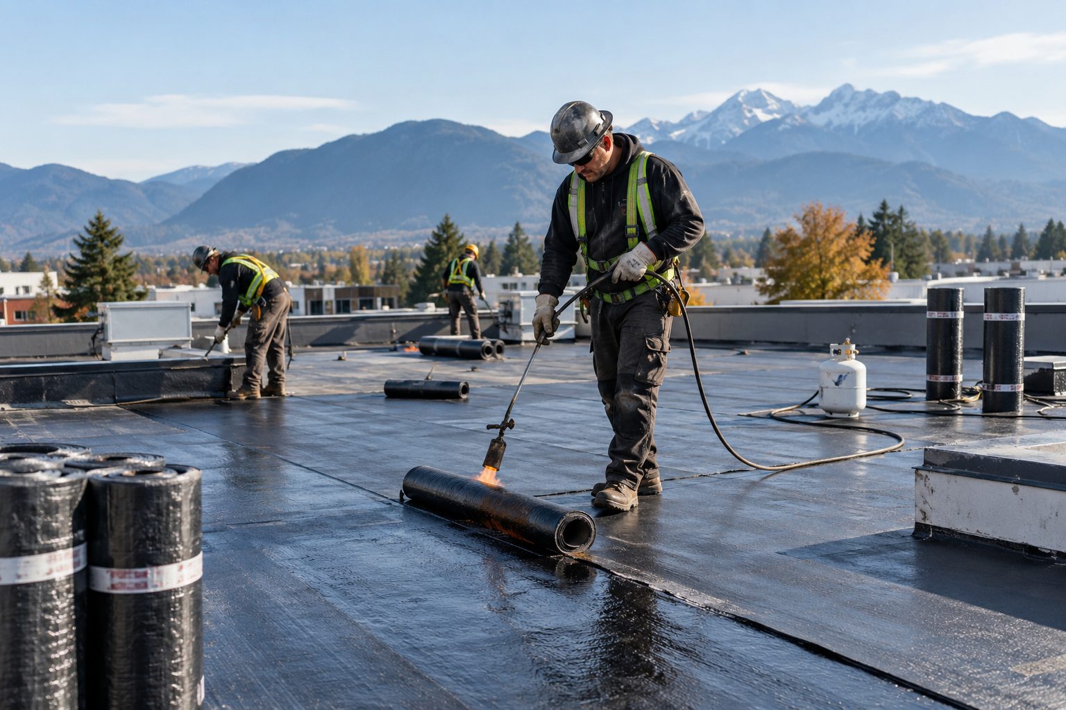 Roofers heat-applying torch-on membrane across a commercial roof, mountains in the distance
