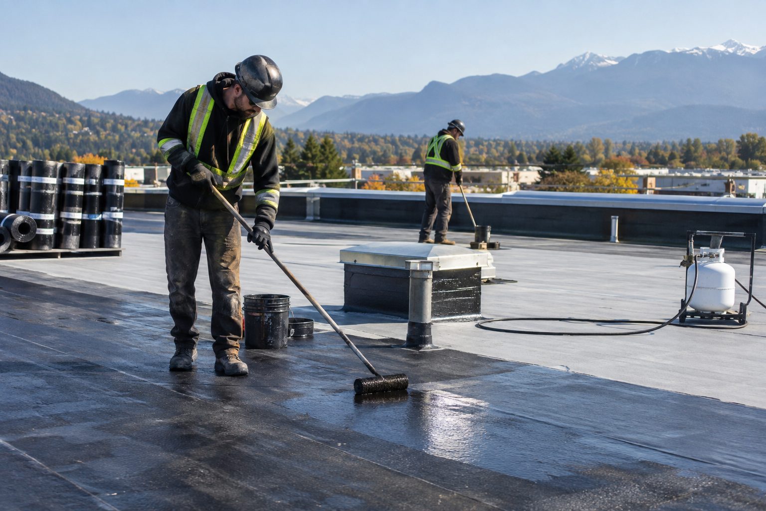Roofer priming the prepared roof surface before membrane goes down