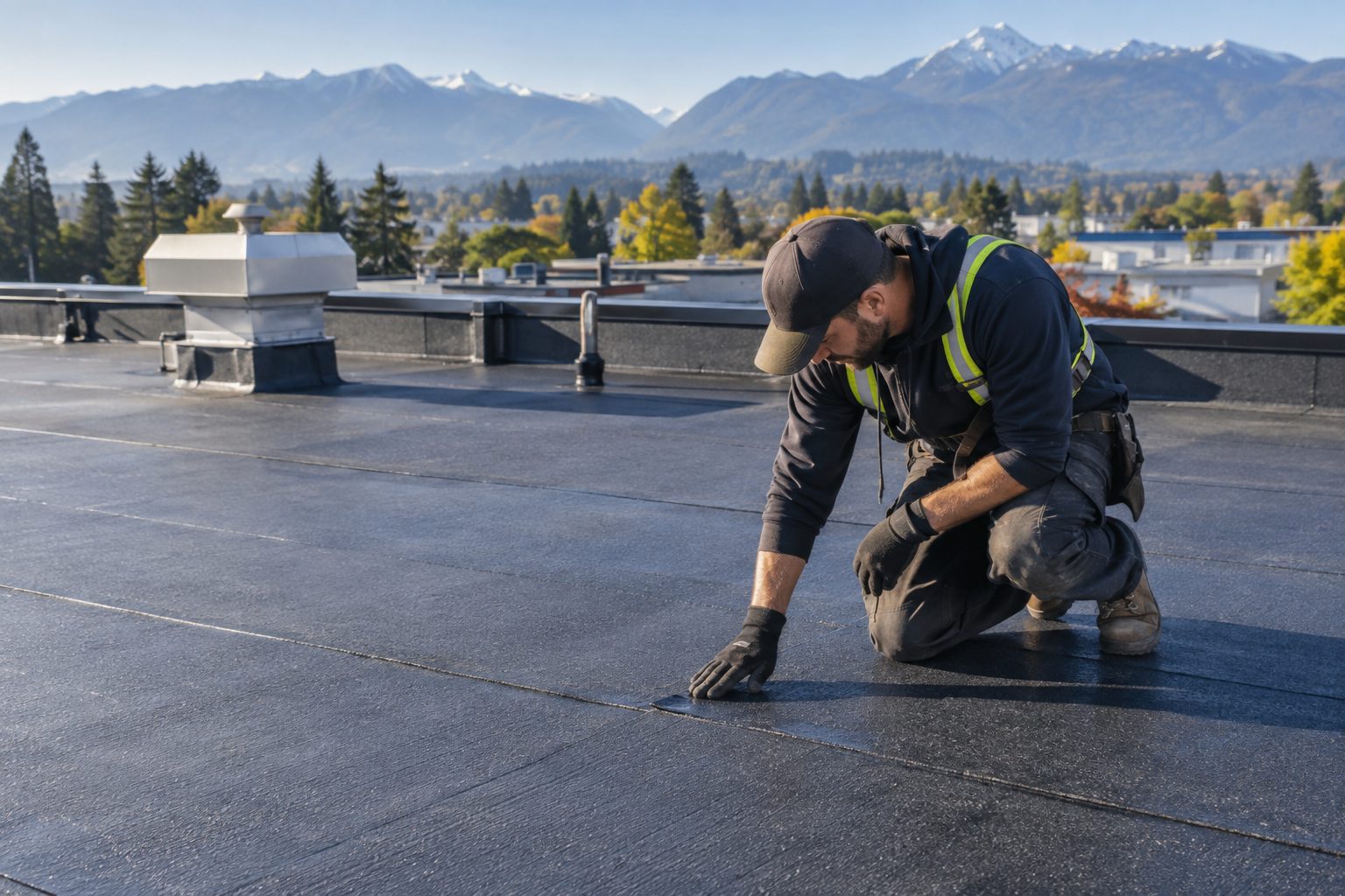 Roofer checking the seams of a completed torch-on roof