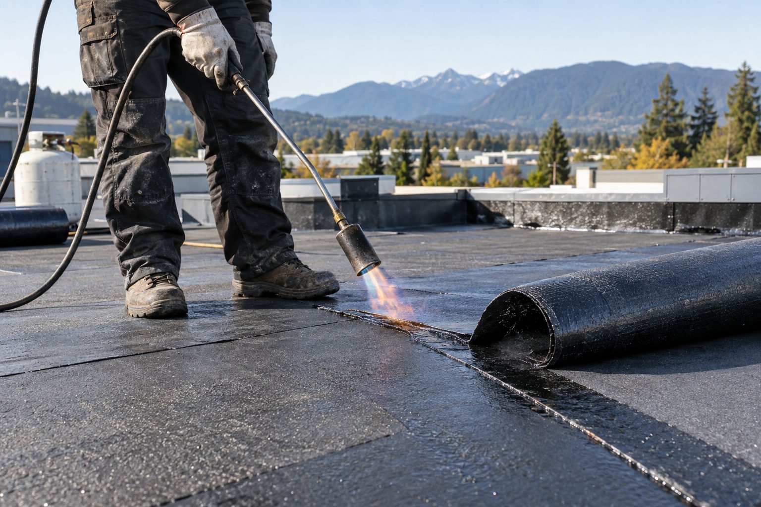 Close view of a torch heating the underside of a modified bitumen roll