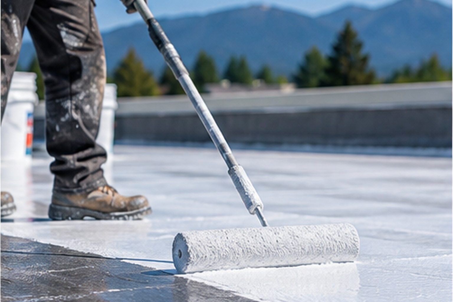 Roller applying a white coating over a prepared commercial roof