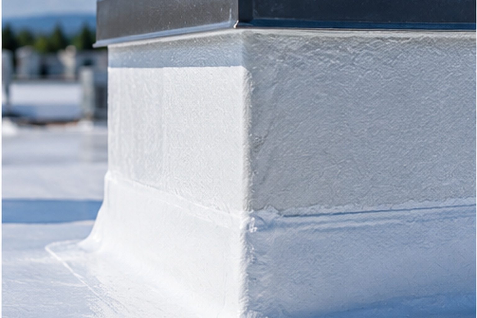 Coating carried up and around a rooftop curb detail
