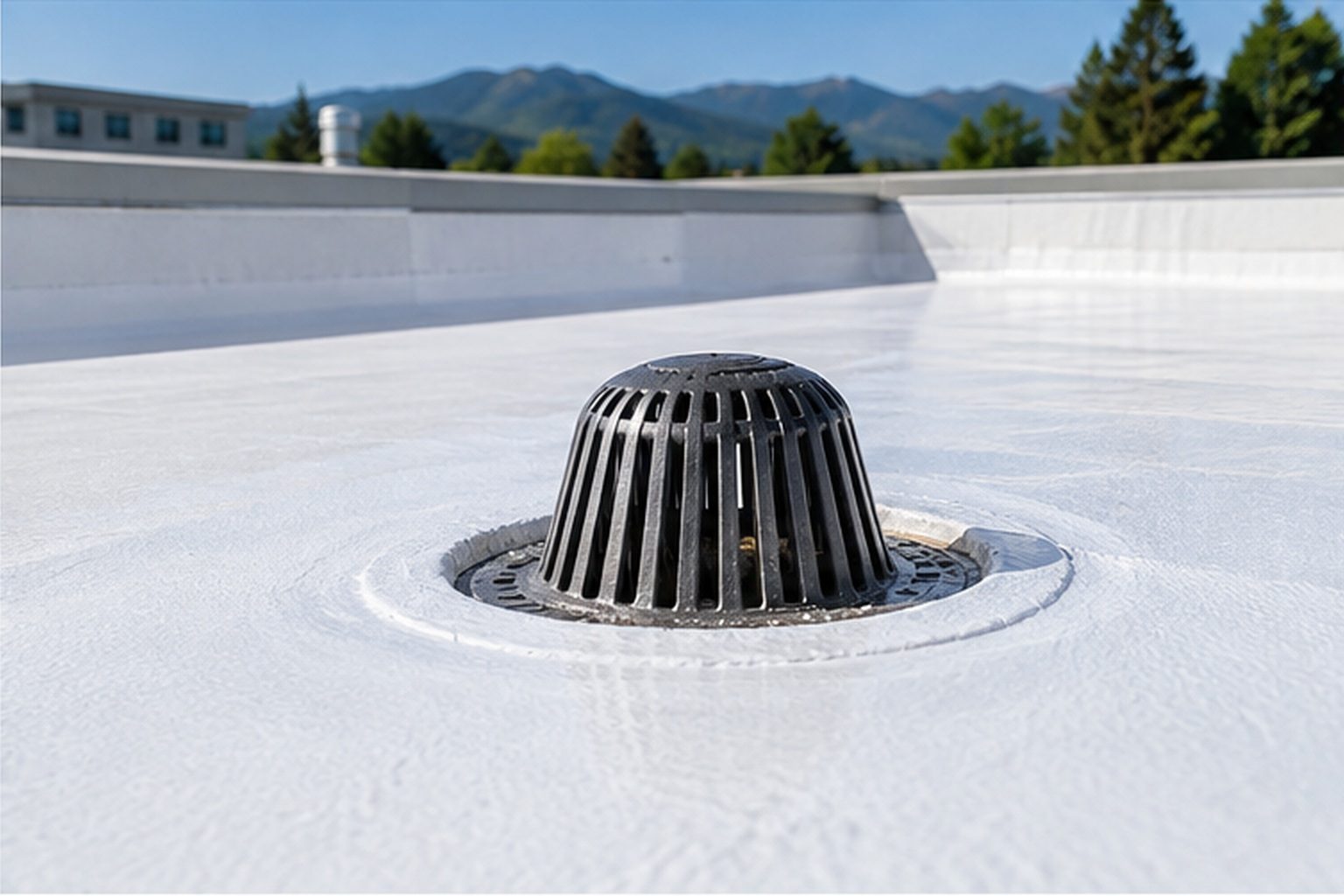 Coated roof surface around a roof drain beside a parapet