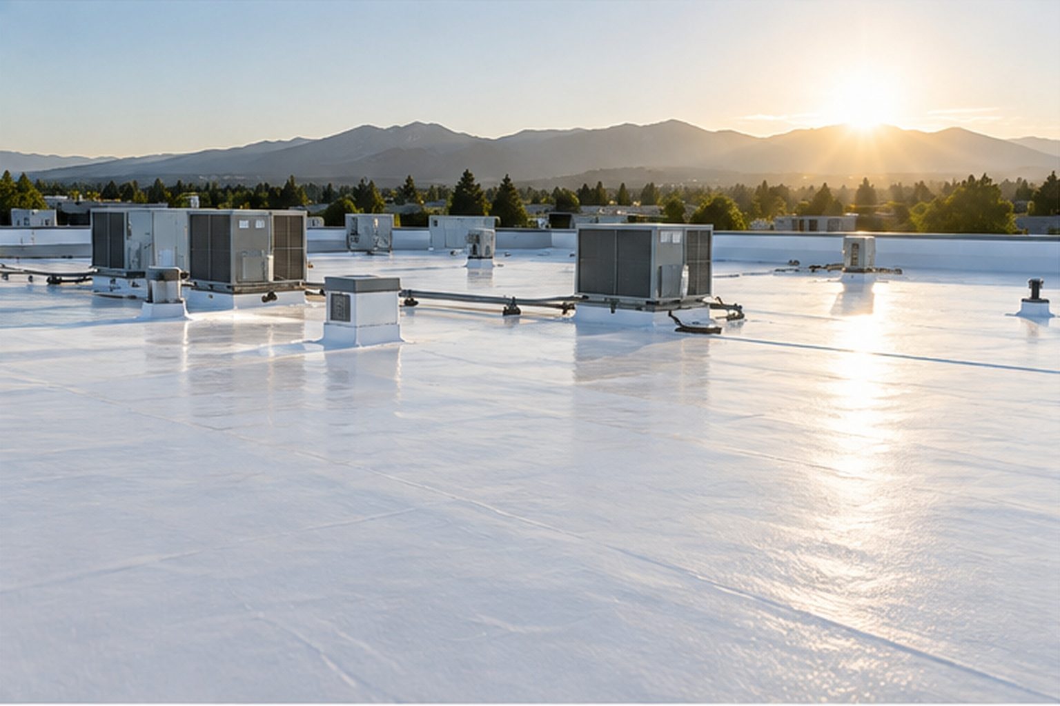 Completed coated commercial roof with rooftop equipment in evening light