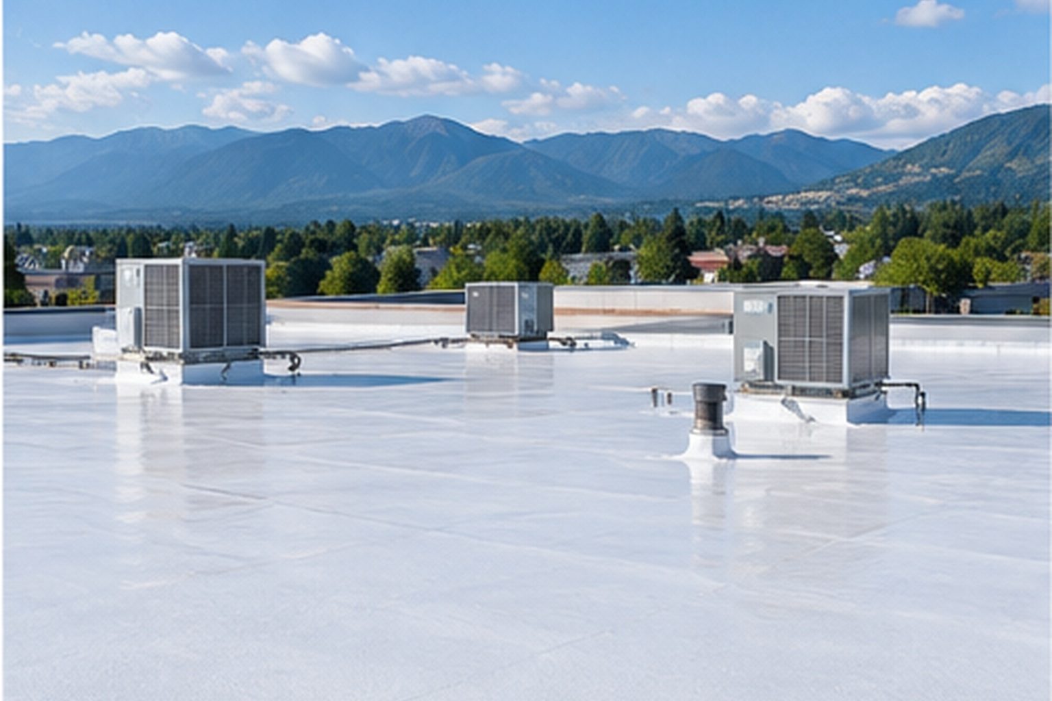 Freshly coated white commercial roof with rooftop units, mountains in the distance
