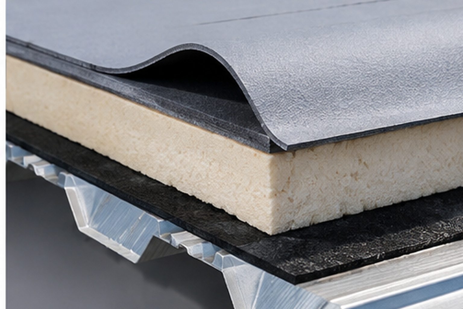 Cross-section of a roof assembly showing membrane, insulation and metal deck