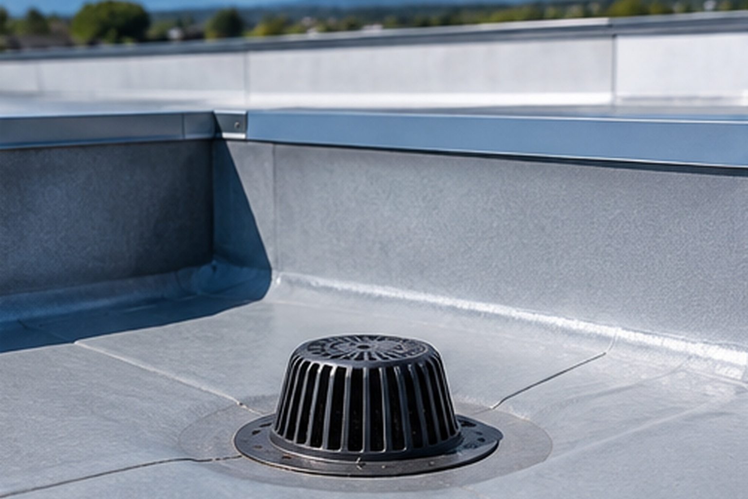 Roof drain and membrane flashing at a parapet corner
