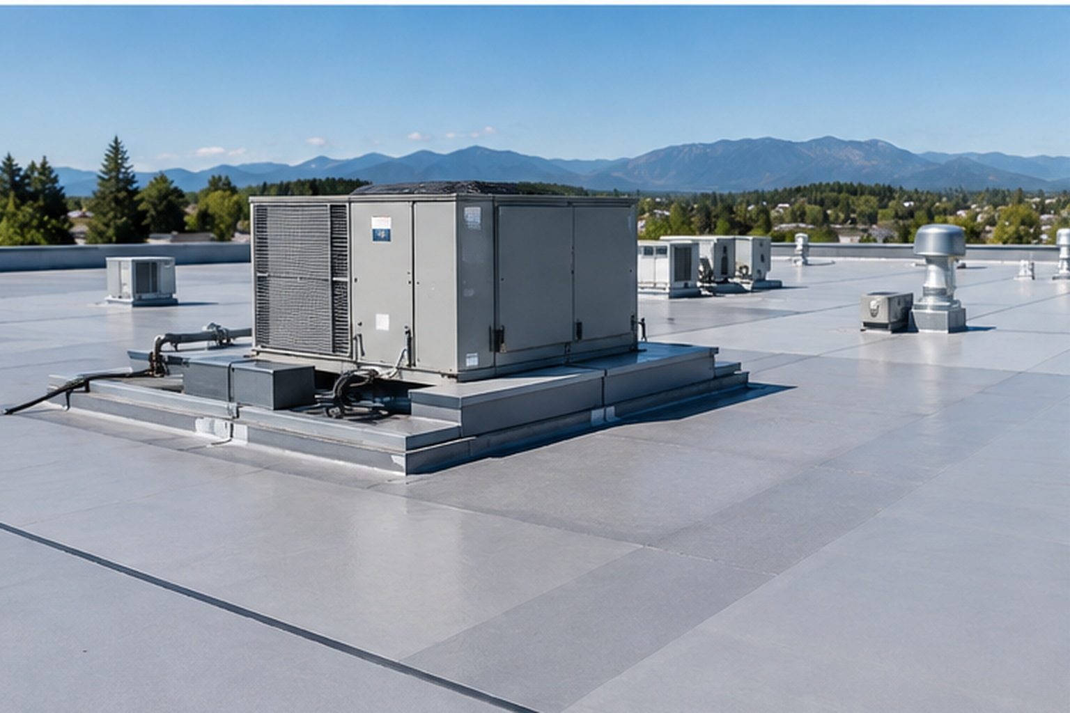 Rooftop mechanical unit on a curb on a commercial roof