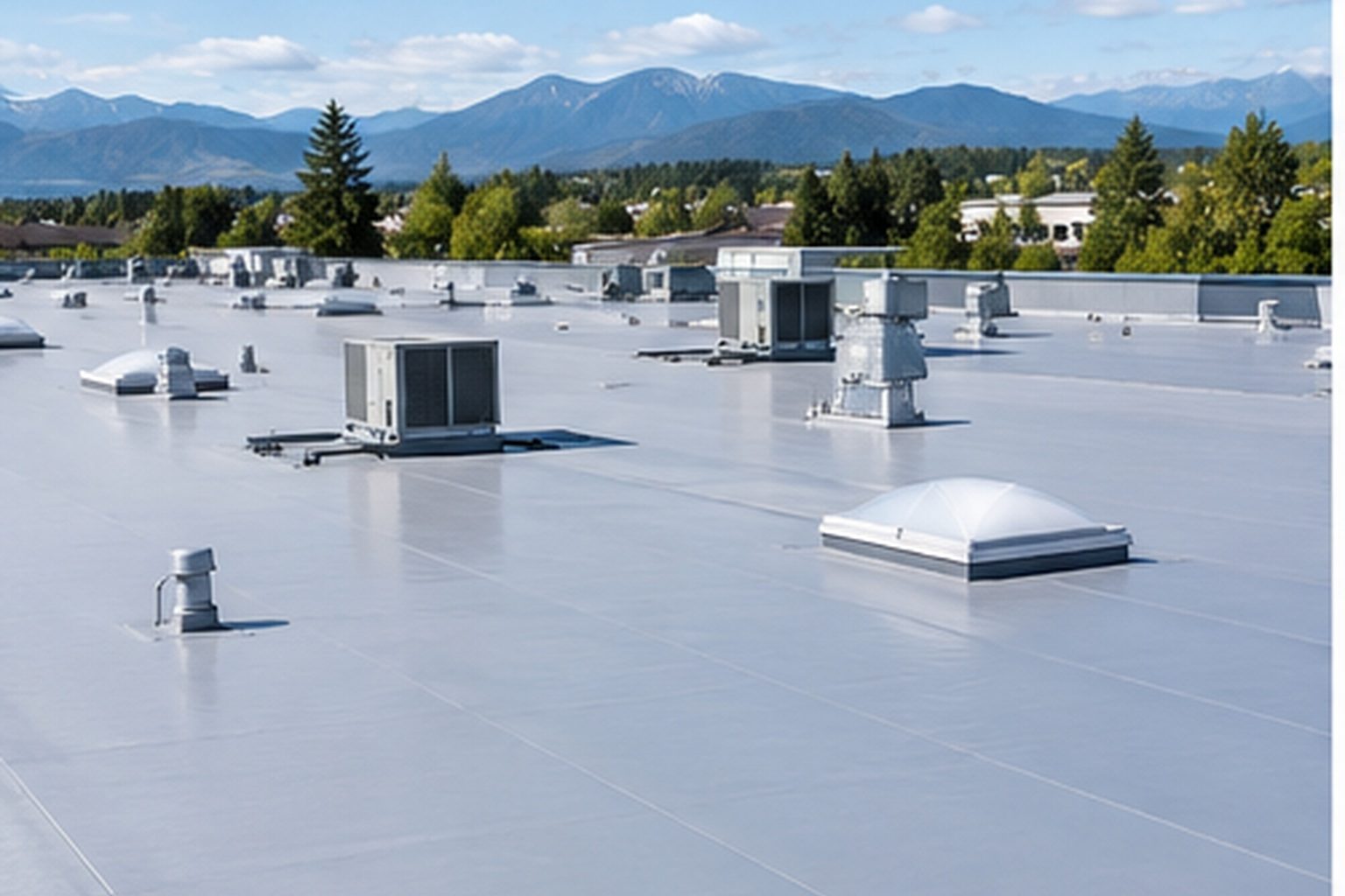 Wide commercial roof with rooftop units, vents and a skylight, mountains in the distance