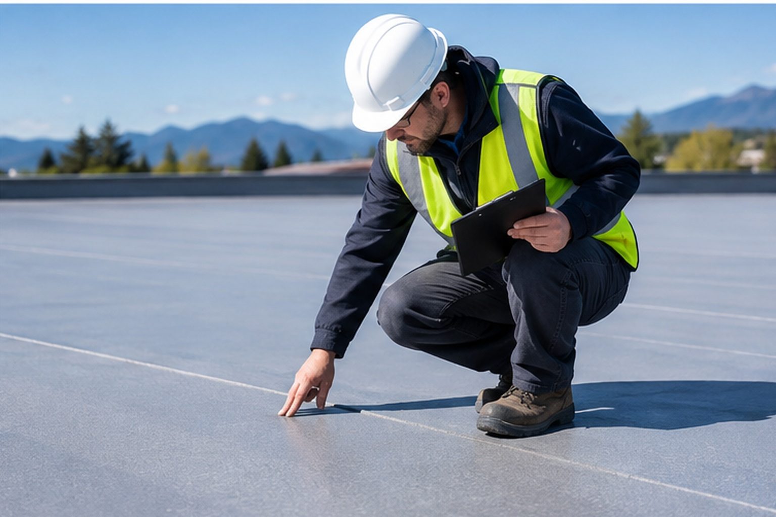 Inspector recording roof condition on a clipboard on a commercial roof