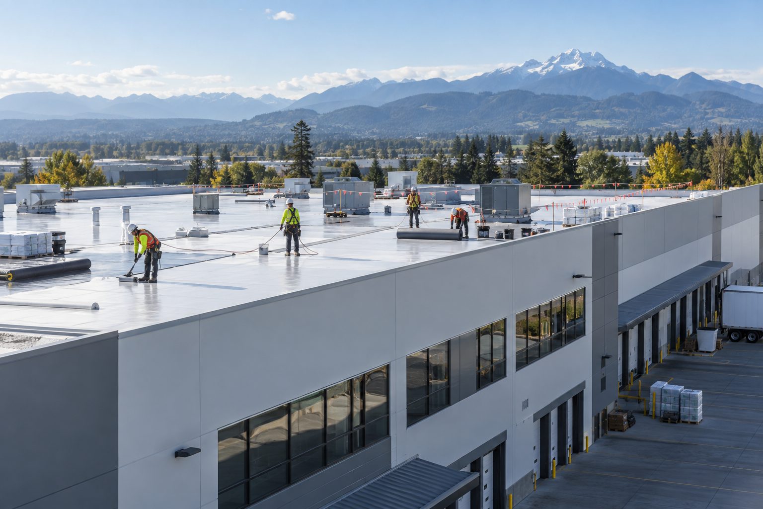 Crew working across a wide warehouse roof above loading docks