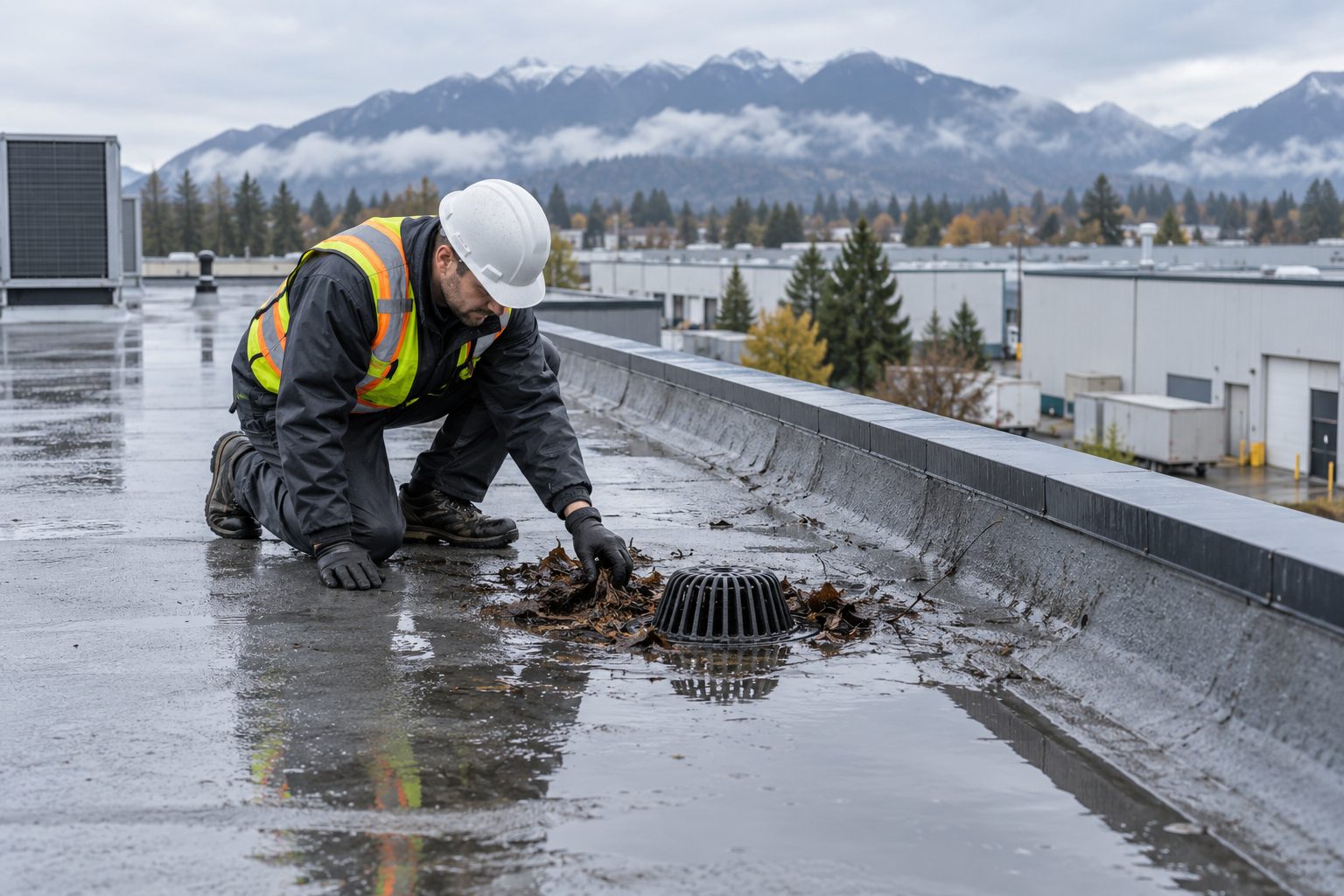 Roofer clearing debris from a roof drain with water pooling after rain