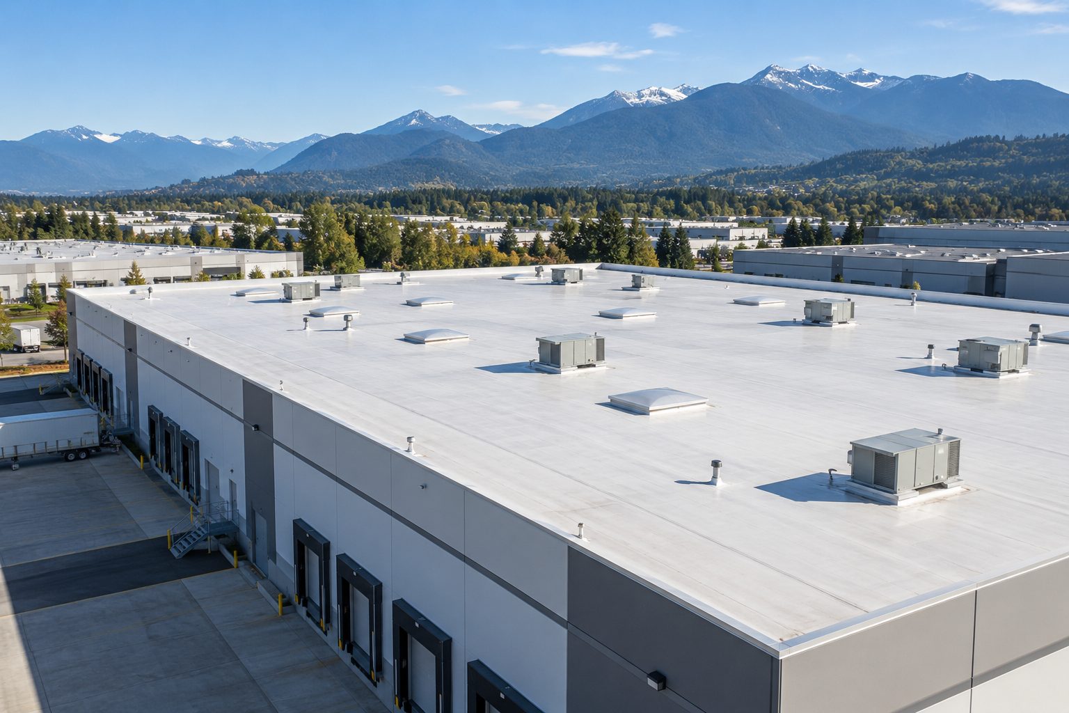 Large warehouse with a white low-slope roof and rooftop units, mountains in the distance