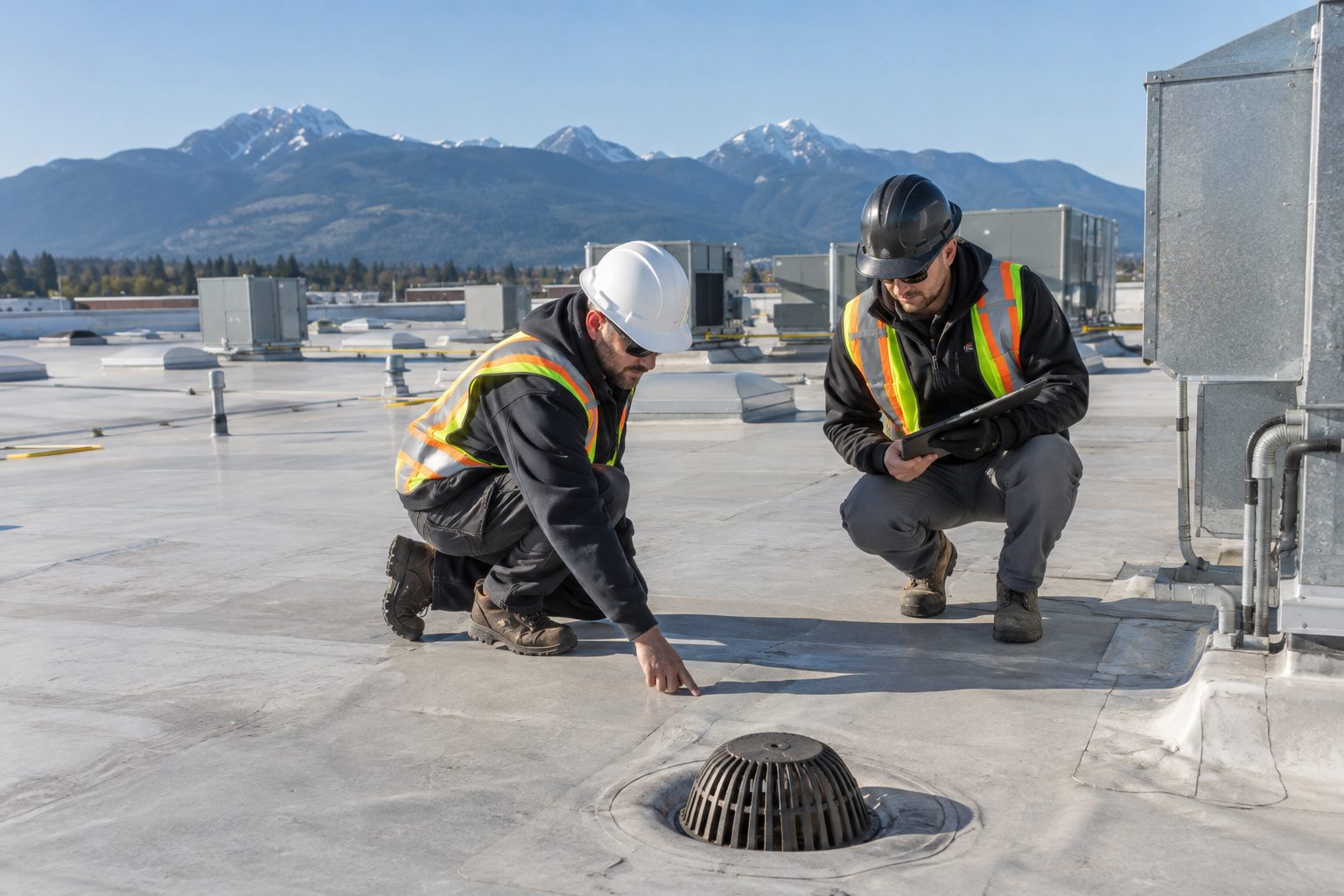 Two inspectors checking the membrane beside a roof drain on a warehouse roof