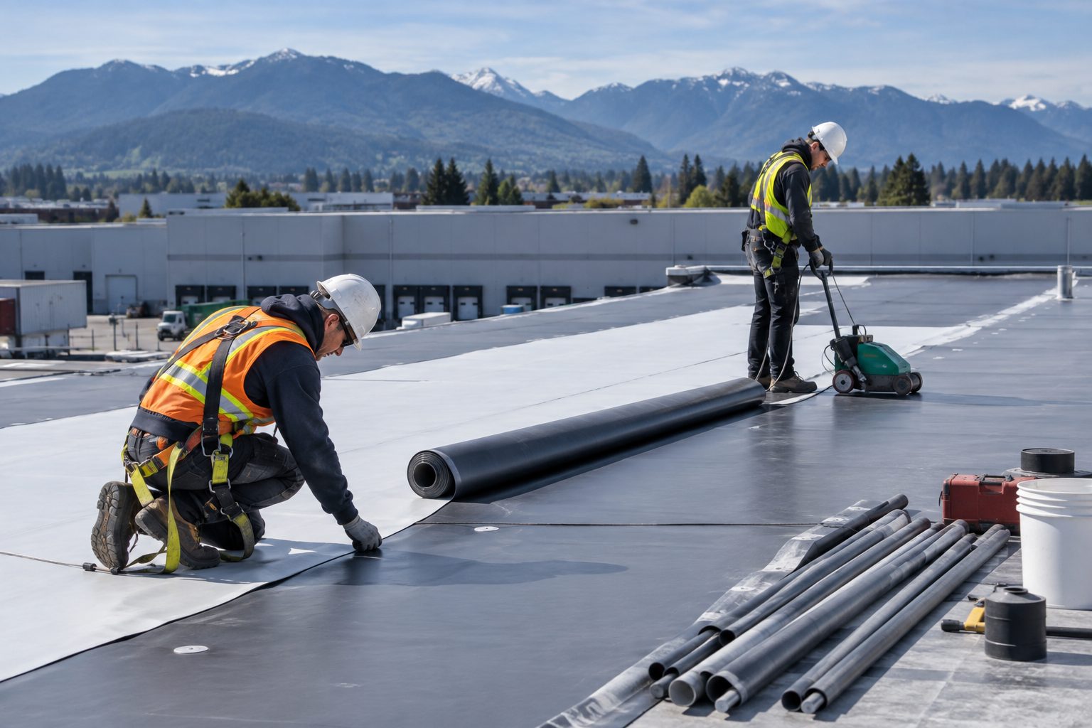 Roofers rolling out new membrane across a warehouse roof