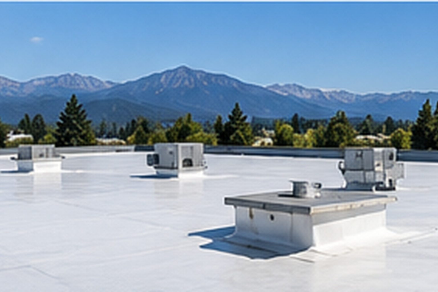 Industrial roof with rooftop equipment and curbs, mountains in the distance