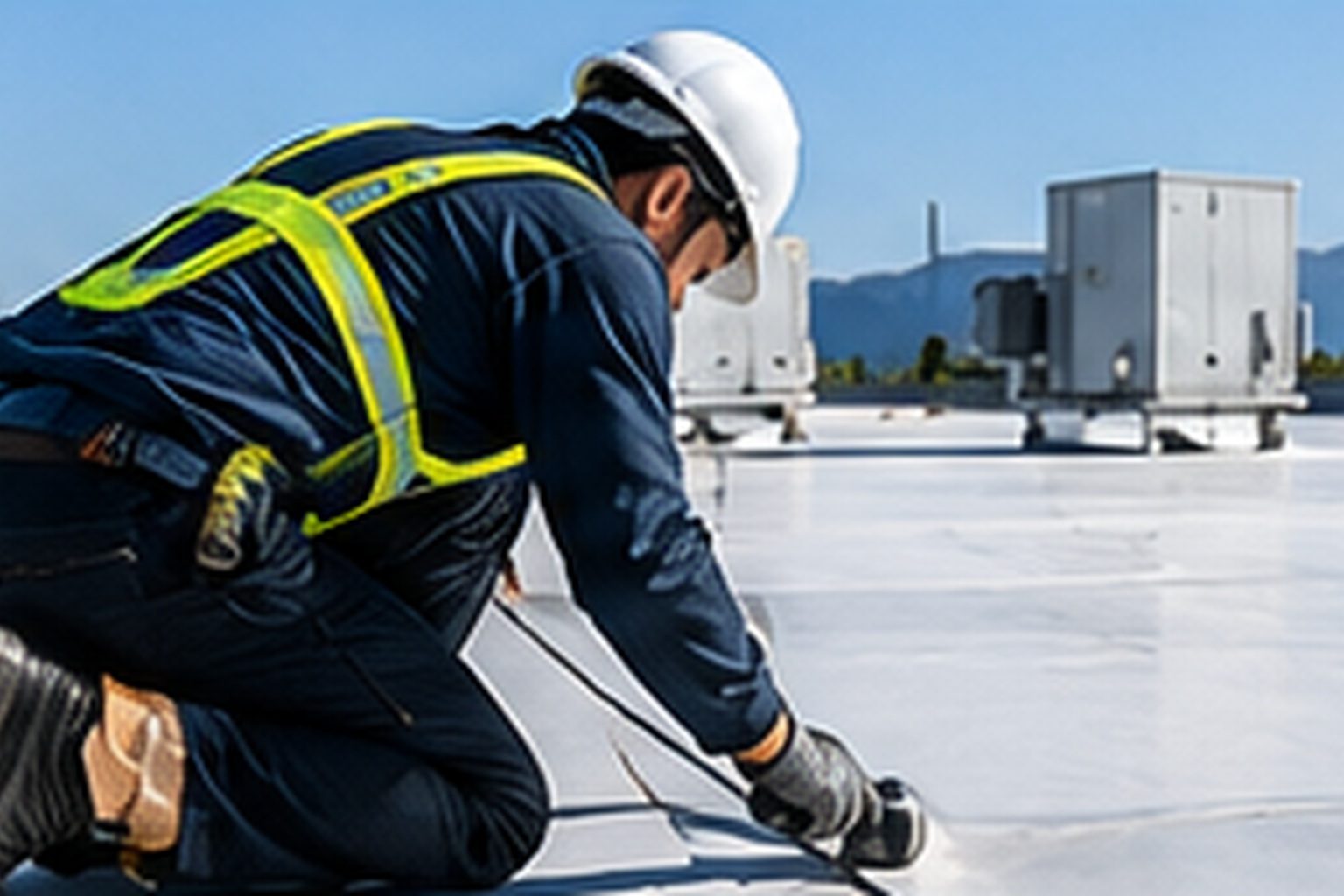 Roofer working on an industrial roof near rooftop equipment