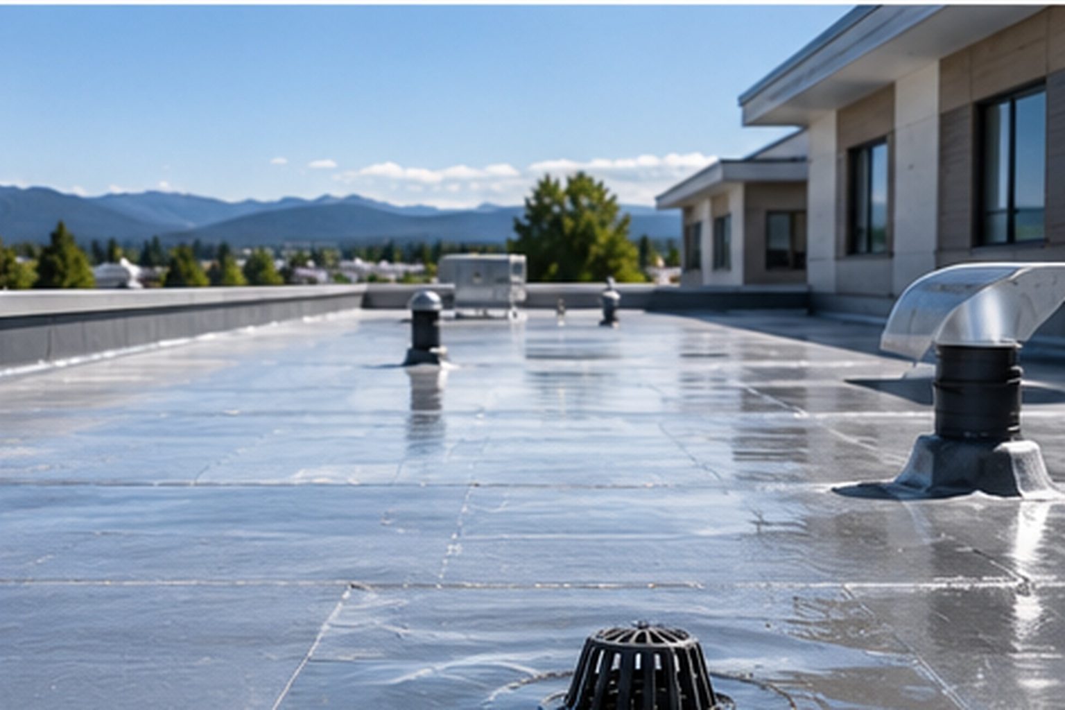 Roof drain and vents on a hotel roof beside guest room windows