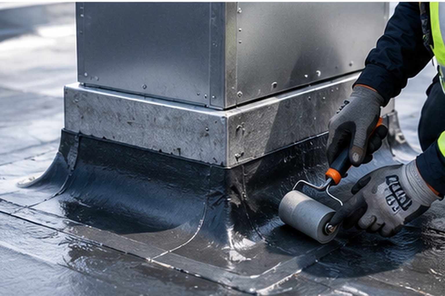 Roofer sealing membrane around a rooftop curb with a roller