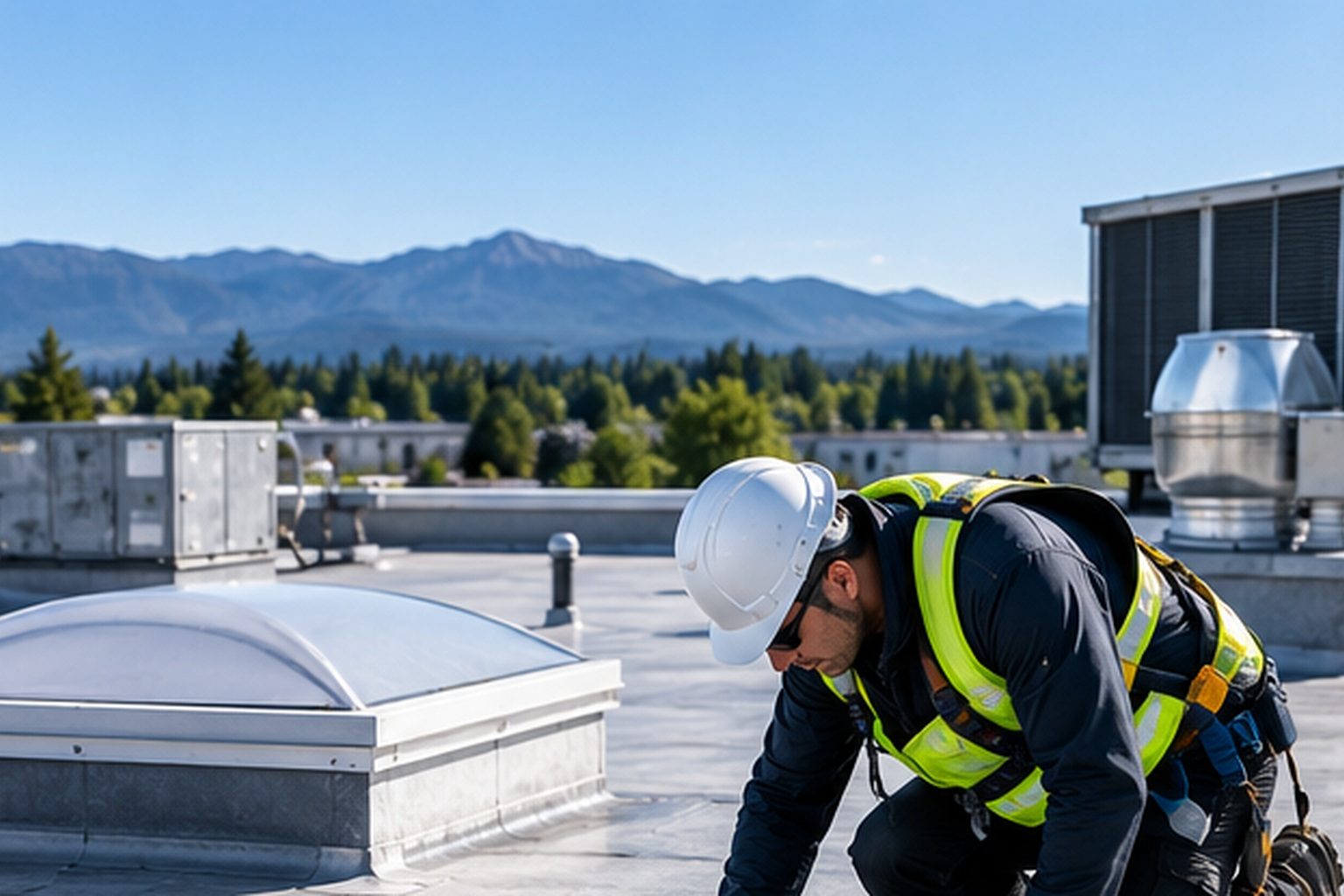 Roofer inspecting a skylight and membrane on a hotel roof