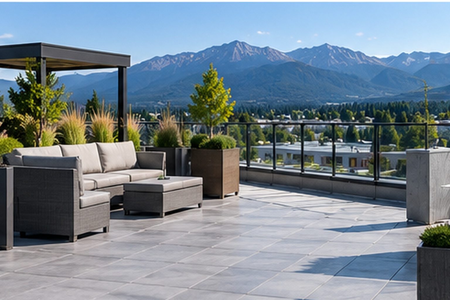 Rooftop terrace with outdoor seating on a hotel roof