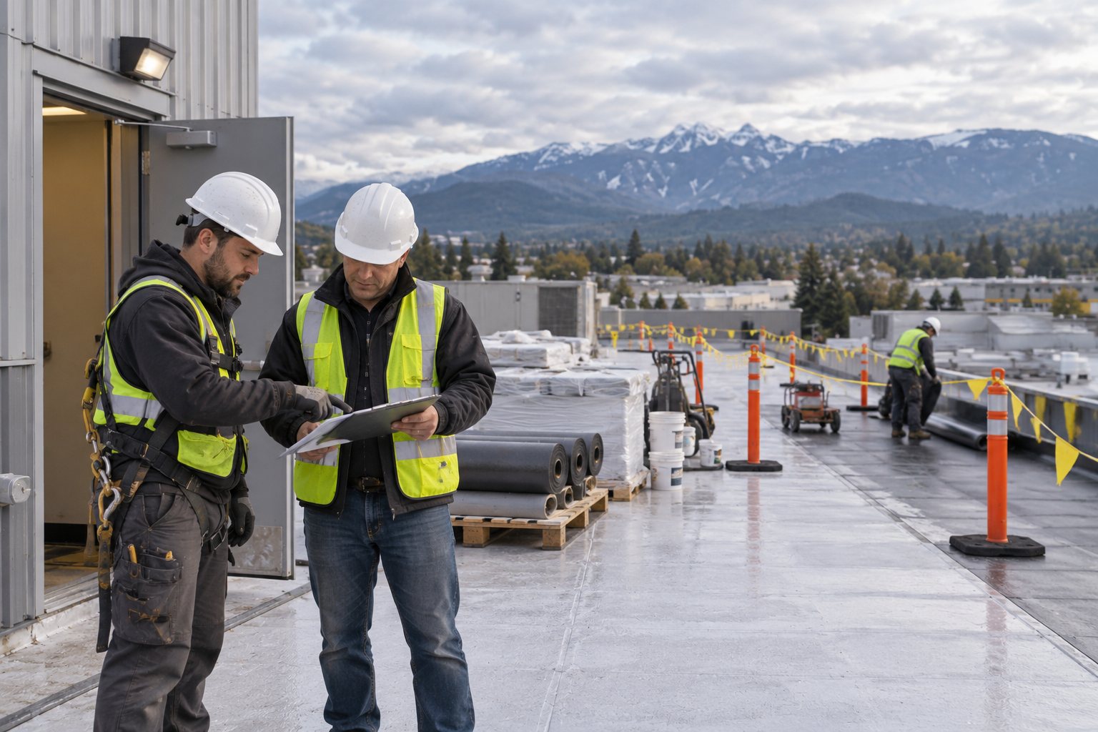 Two people in hard hats and high-visibility vests reviewing a plan on a commercial roof, with safety cones and staged materials behind