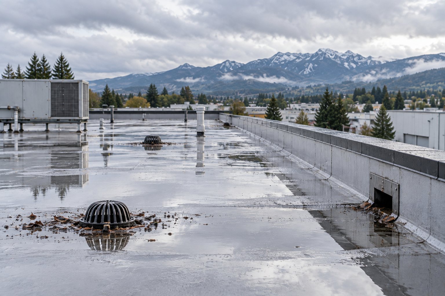 Standing water around a roof drain with collected debris on a flat commercial roof