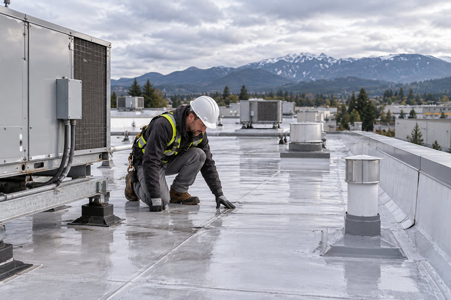 A roofer kneeling to check the membrane beside a rooftop HVAC unit and a vent on a flat roof