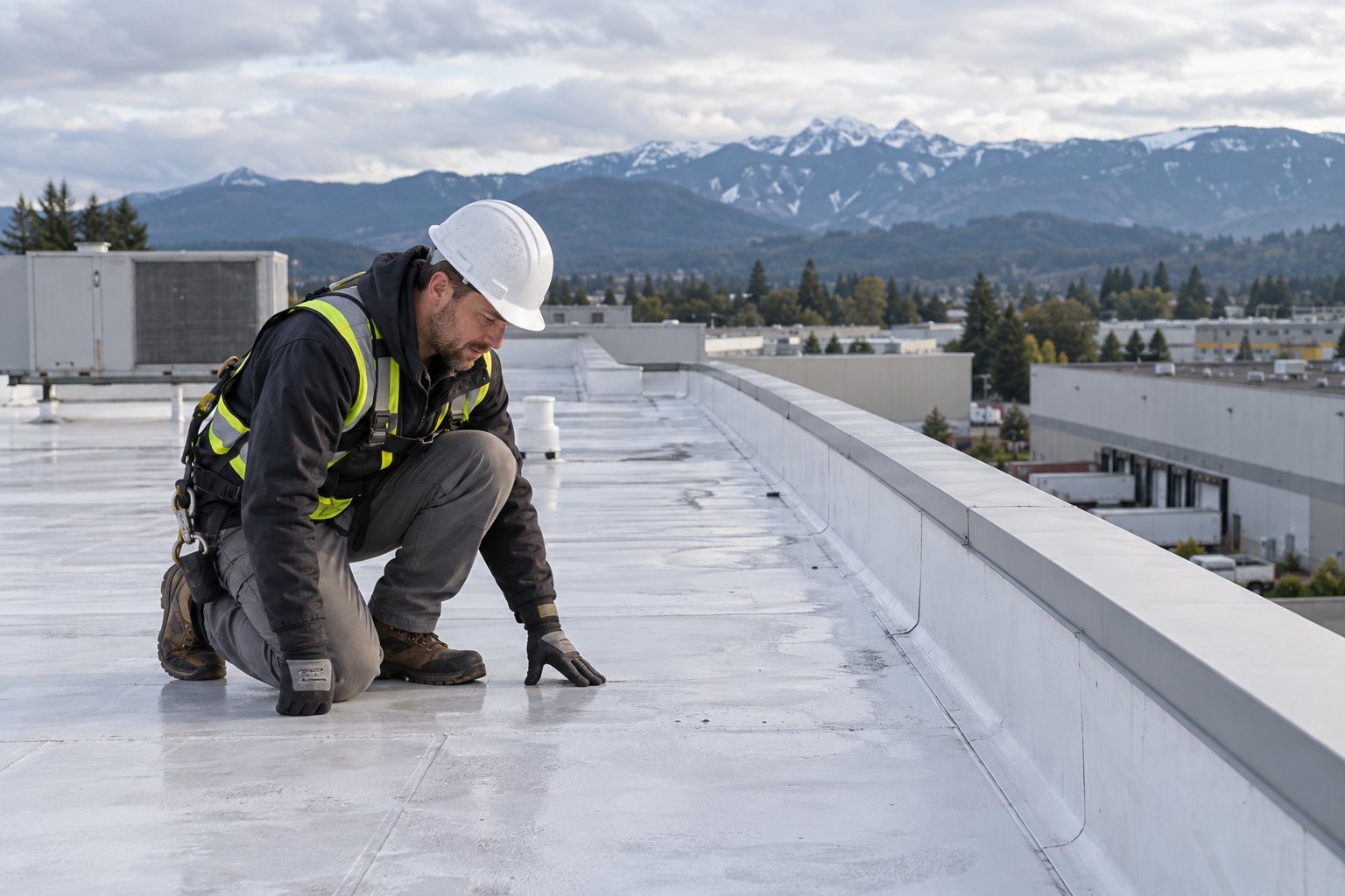 A roofer in a hard hat and high-visibility vest kneeling on a flat commercial roof, with rooftop units and mountains in the distance