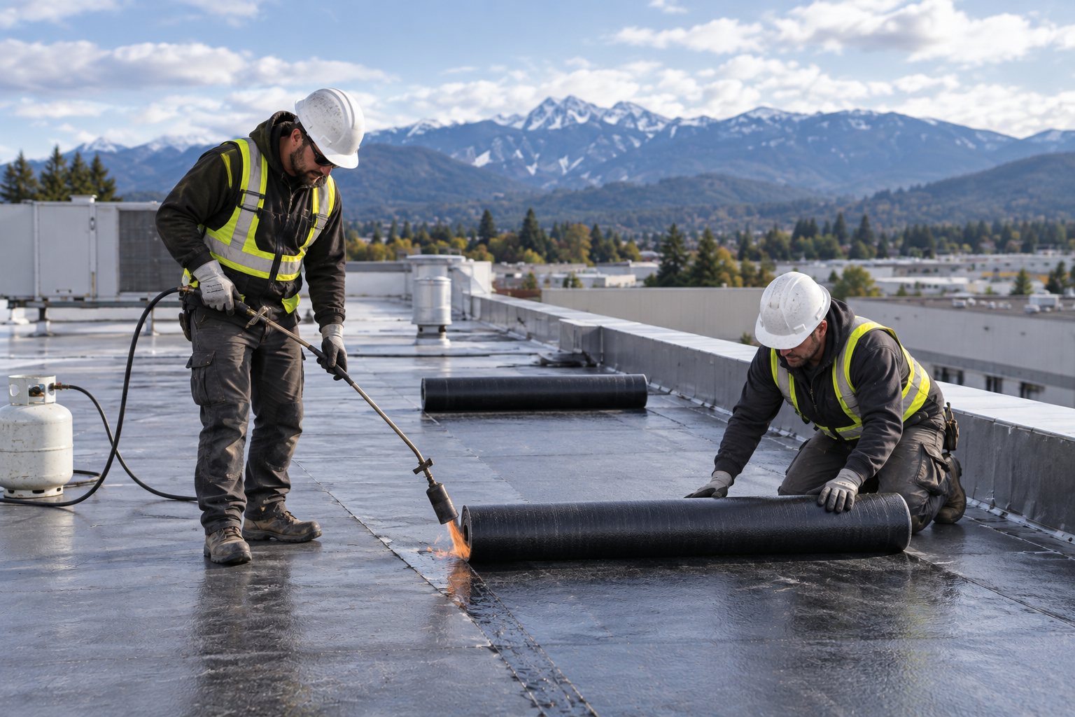 Two roofers rolling out and heat-applying a roofing membrane on a low-slope commercial roof