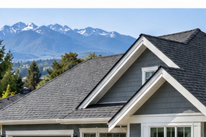 Completed asphalt shingle roof on a residential home with Fraser Valley mountains in the background