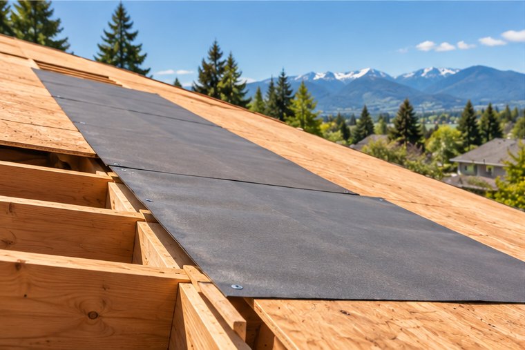 Exposed residential roof decking and underlayment during replacement work